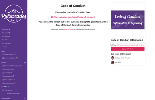 Screenshot of the Code of Conduct page in Venueless