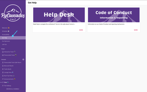 Screenshot of the Get Help page in Venueless
