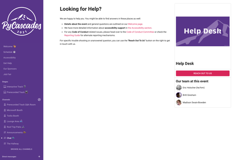 Screenshot of the Help Desk page in Venueless